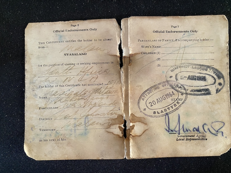 Alabi Mitawa's identity document, issued a month after Malawi's independence in 1964. Acquiring such a document was the first significant step on an aspirant's journey to enroll in WNLA's recruitment program