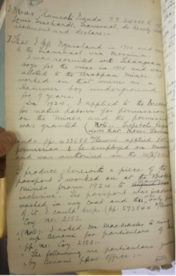 Born in Chinteche, Kamsai Moses Banda first entered South Africa at Messina in 1915. Masquerading as a Mozambican, he worked at a Brakpan mine for 9 years. In 1925, he moved to work on the Messina copper mines. By mid-1927, when he applied to be re-employed on the mines, his family lived in Louis Trichardt while he was working further south in Lydenburg.