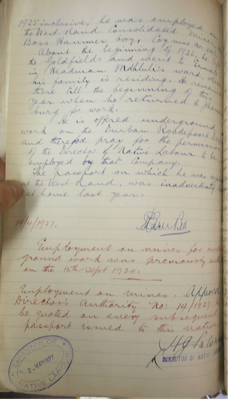 Born in Chinteche, Kamsai Moses Banda first entered South Africa at Messina in 1915. Masquerading as a Mozambican, he worked at a Brakpan mine for 9 years. In 1925, he moved to work on the Messina copper mines. By mid-1927, when he applied to be re-employed on the mines, his family lived in Louis Trichardt while he was working further south in Lydenburg.